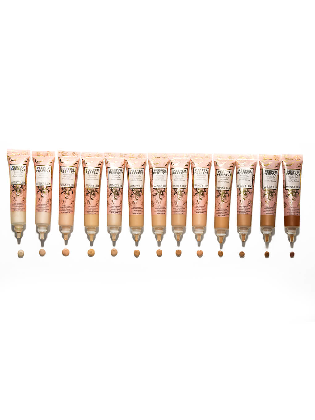 Very Fair -- all shades of peeper perfect under eye concealer lined up with dot of product on white background Very Fair -- all shades of peeper perfect under eye concealer lined up with dot of product on white background