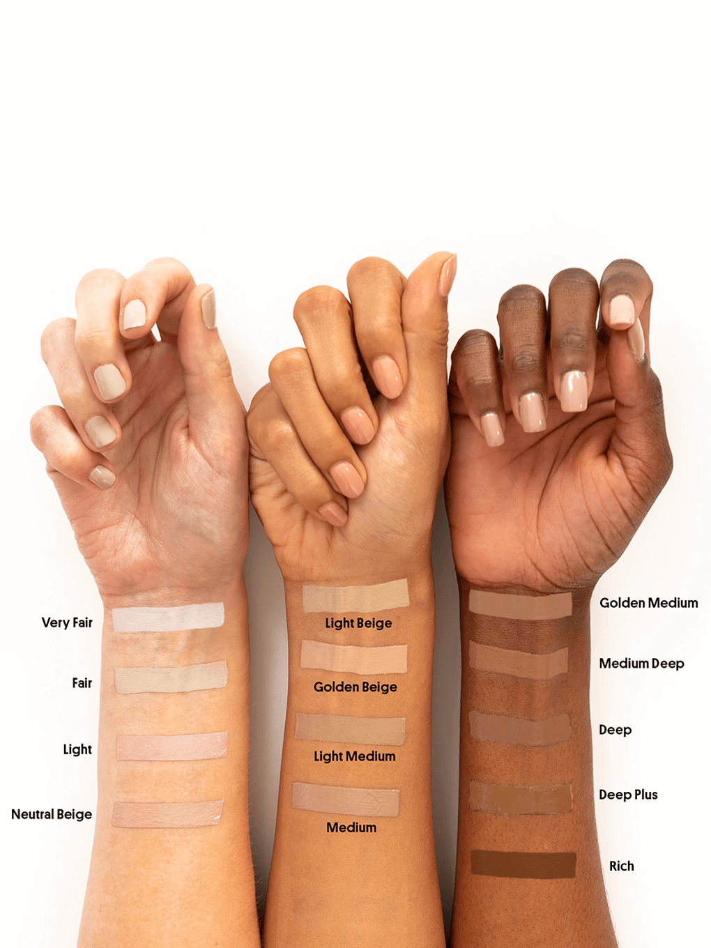 Very Fair -- wrists in the air showing all swatches of peeper perfect under eye concealer Very Fair -- wrists in the air showing all swatches of peeper perfect under eye concealer