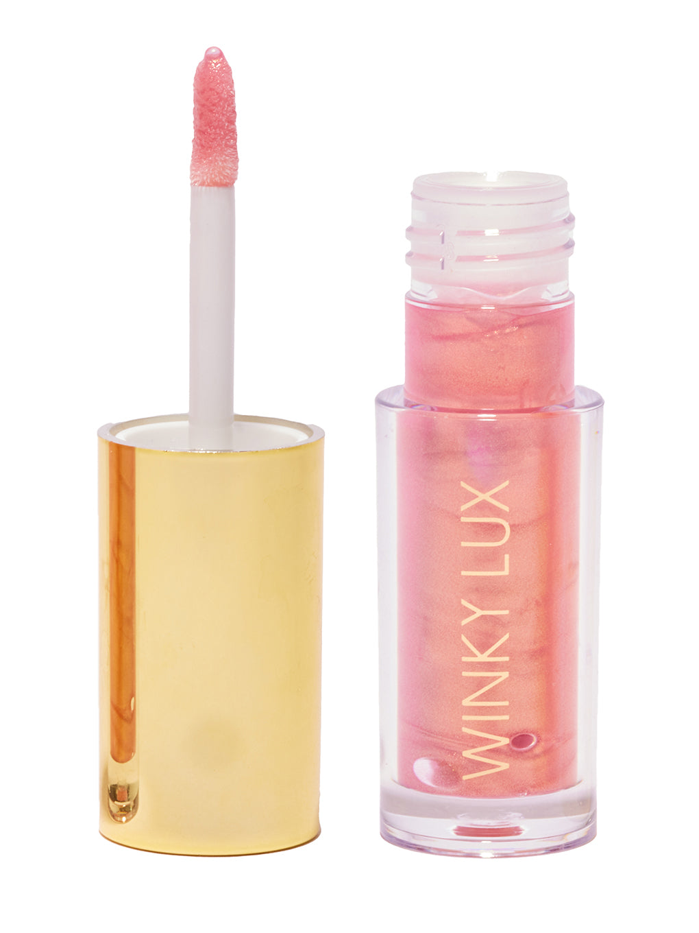 Pink opal shimmer -- nourishing golden pink lip oil with cap off on white background