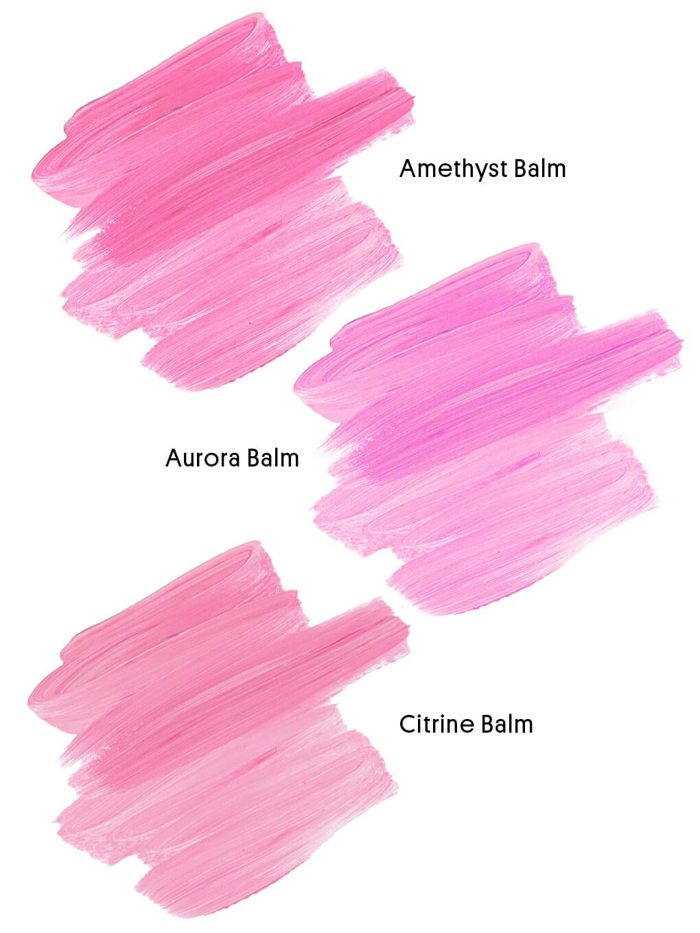 three swatches of pink ph lip balms on white background