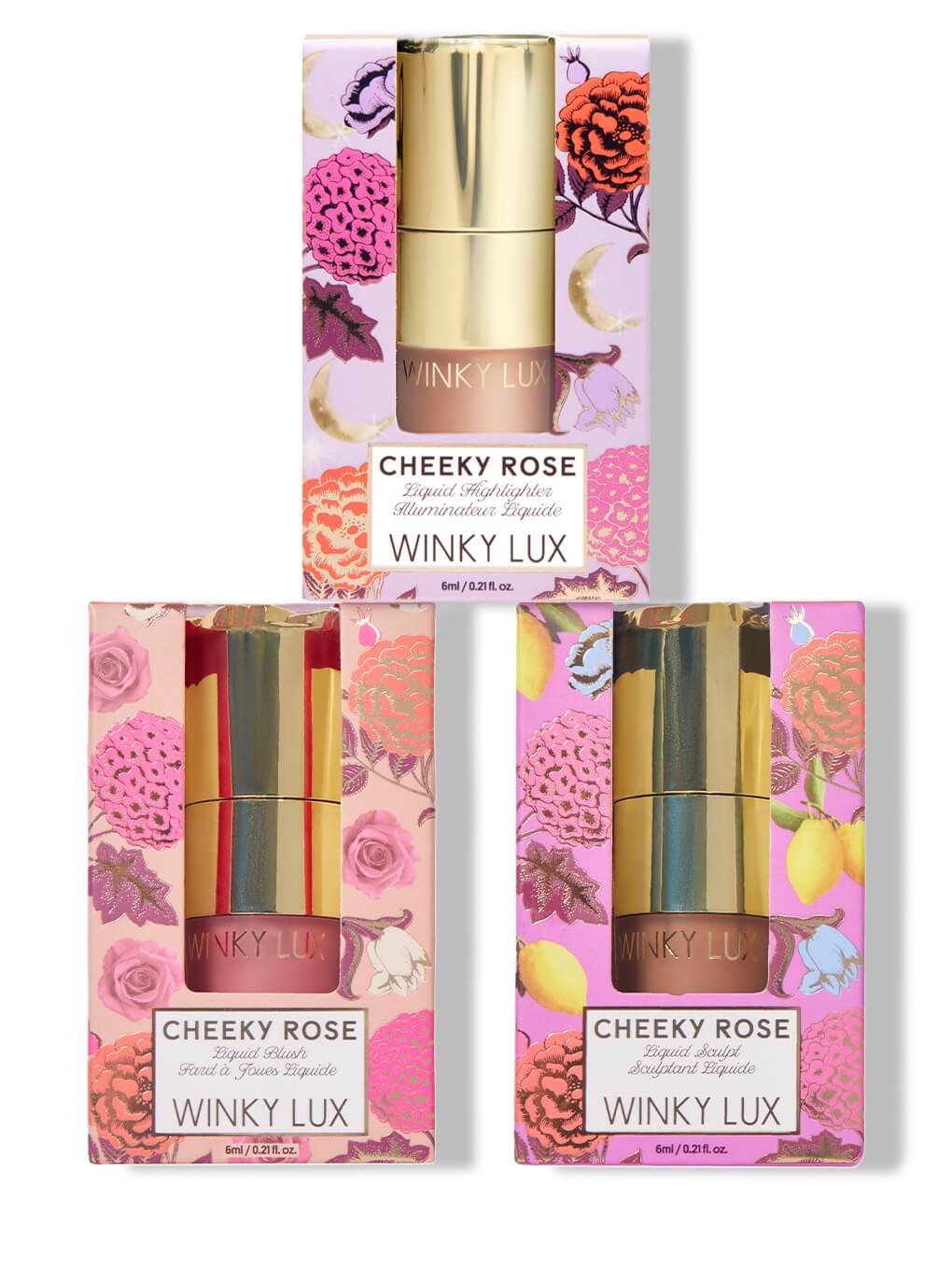 cheeky rose liquid bronzer, blush and highlighter in boxes on white background