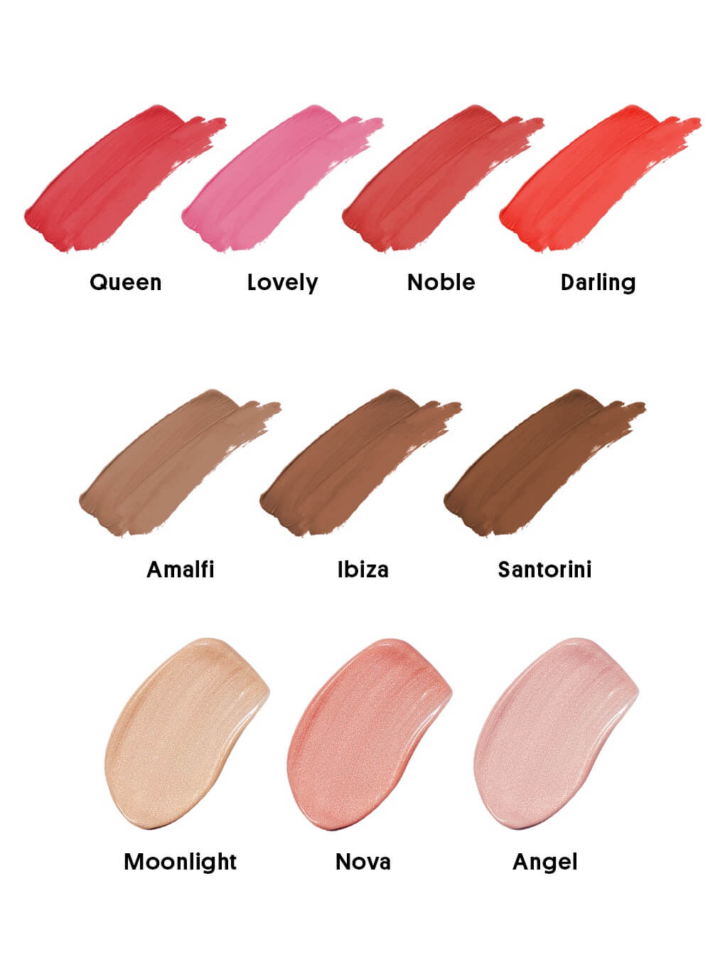 cheeky rose liquid bronzer, blush and highlighter swatches with shade labels on white background