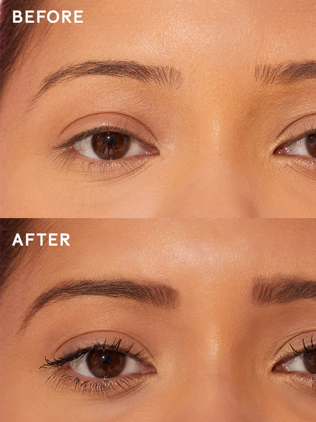 brown -- close up of brunette model before and after wearing unibrow tinted brow gel