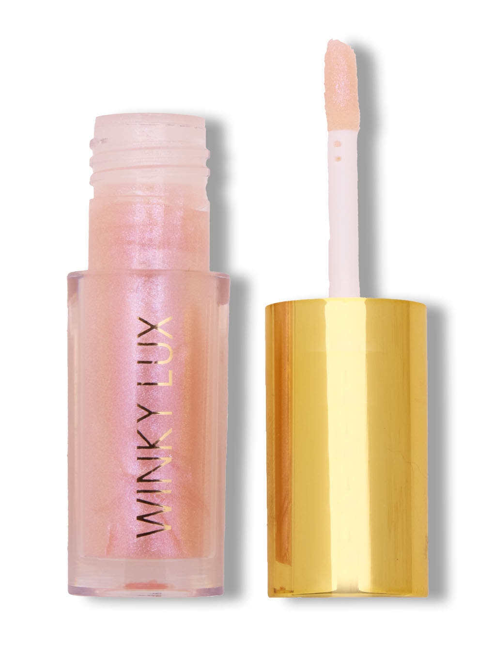 birthday cake shimmer -- shimmer pink lip oil with cap off on white background