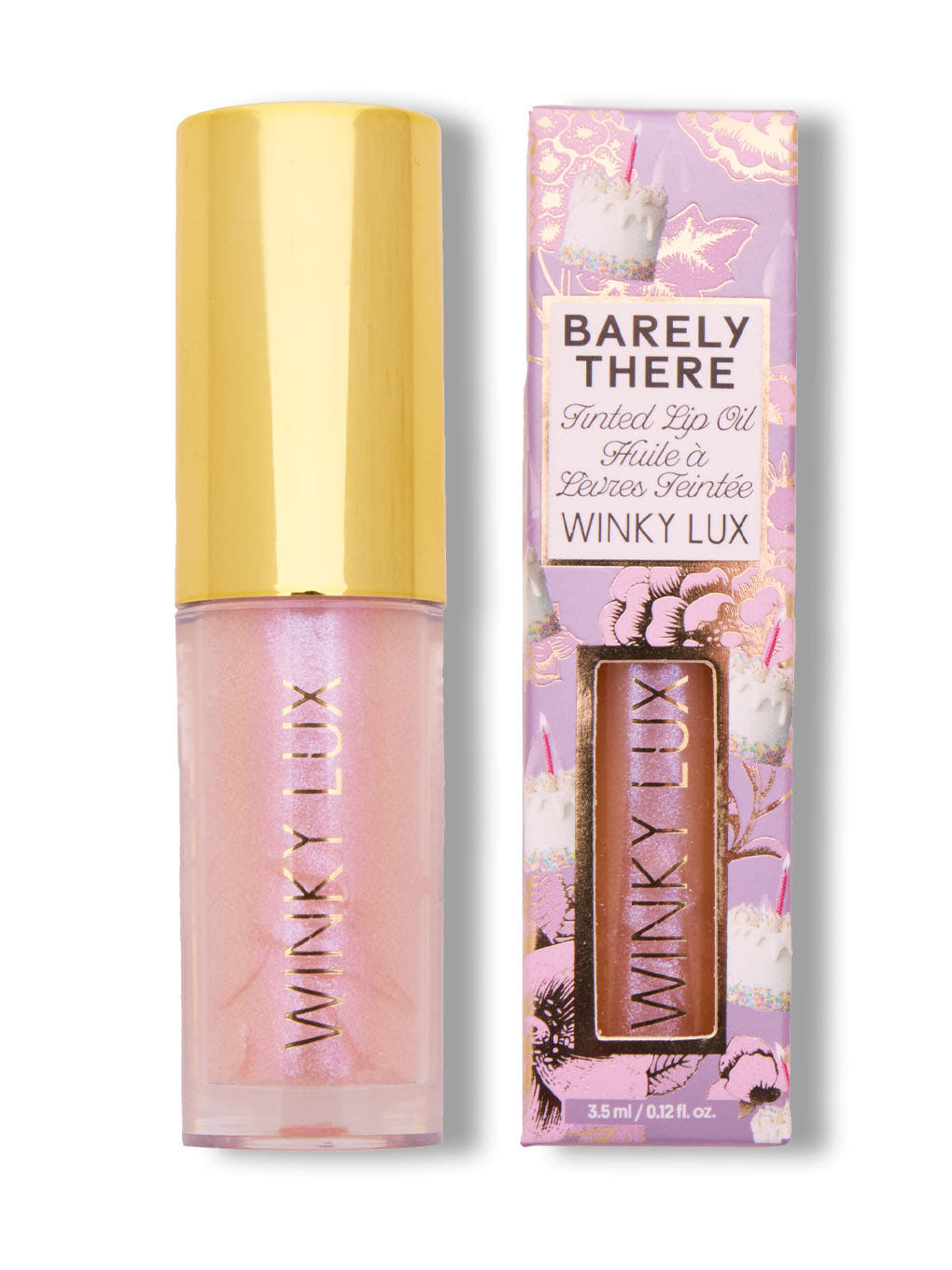 birthday cake shimmer -- shimmer pink lip oil next to box on white background