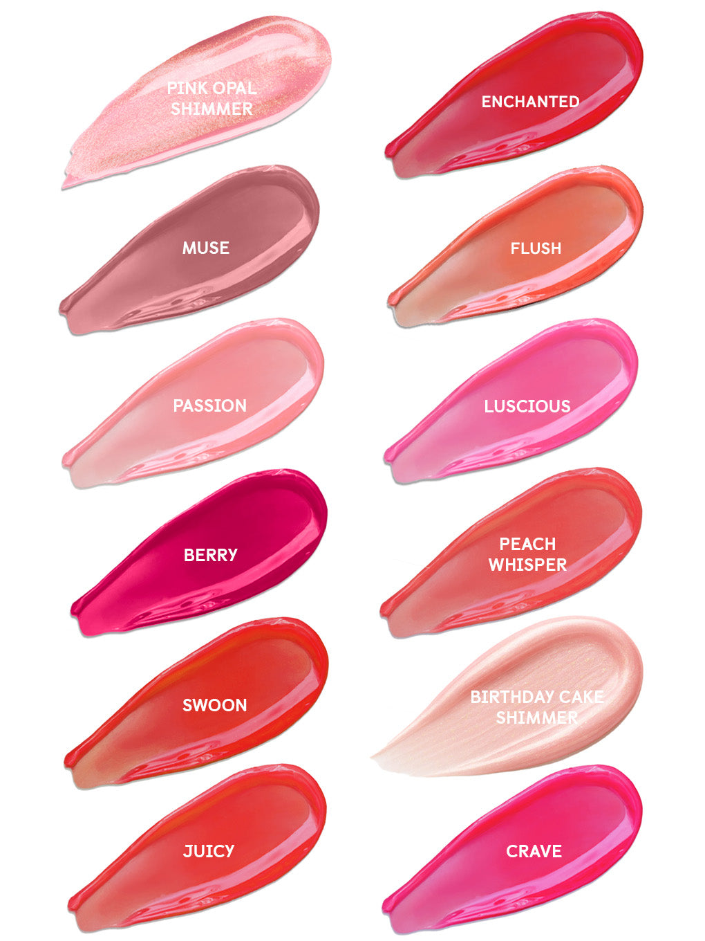 flush -- group shot of each of the lip oil swatches in the collection