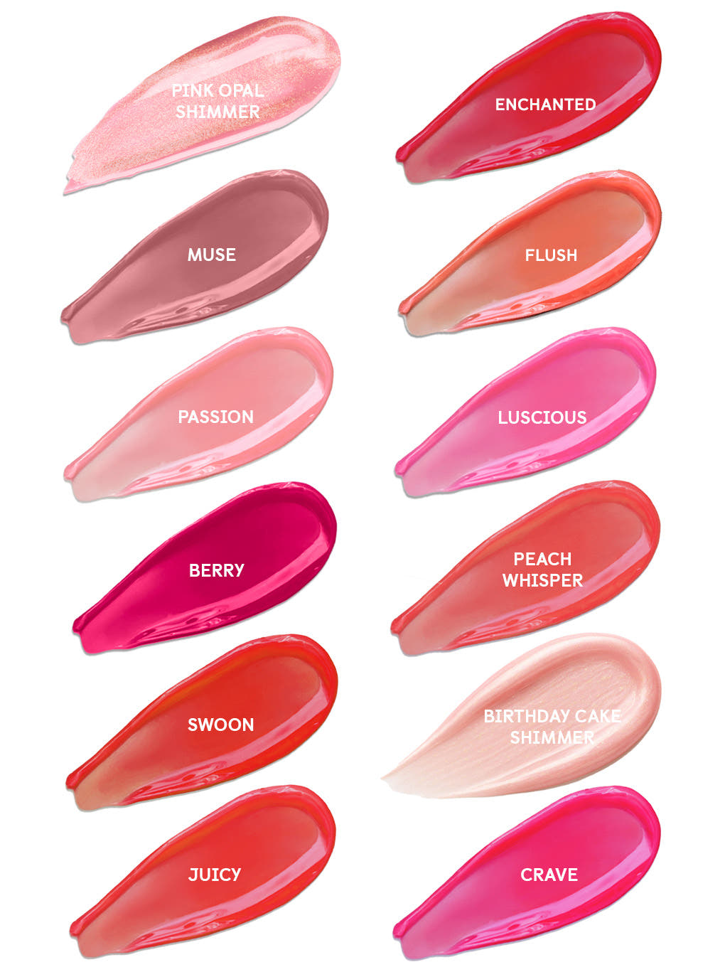 juicy -- group shot of each of the lip oil swatches in the collection