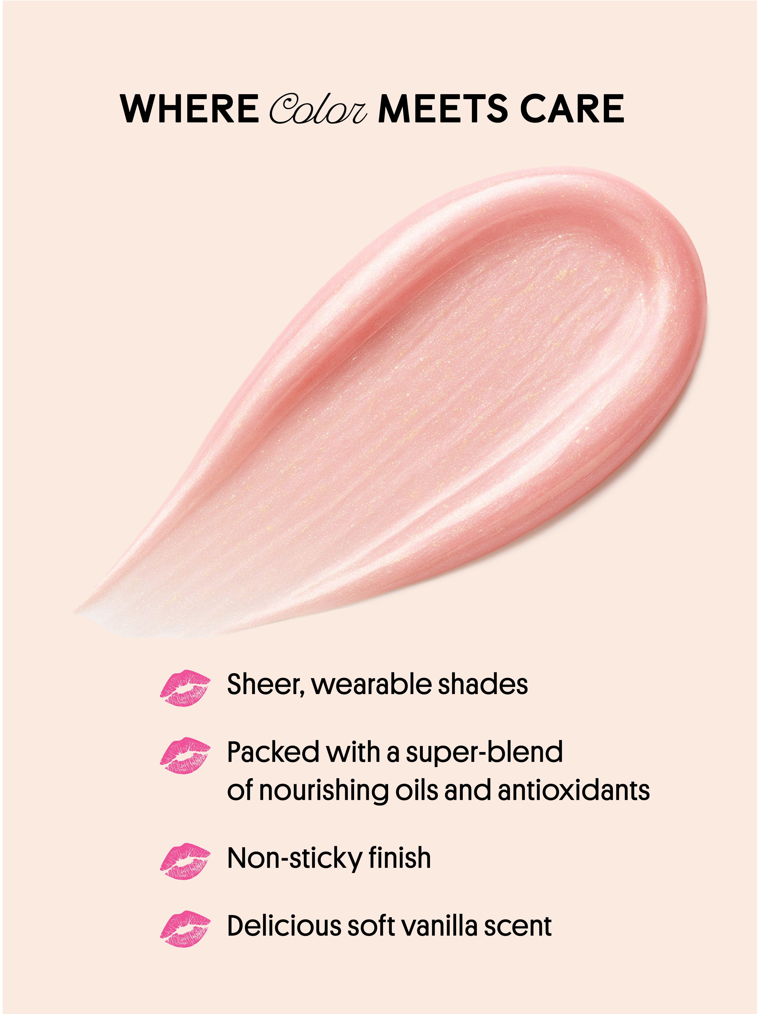 juicy -- swatch infographic highlighting key benefits of nourishing lip oil