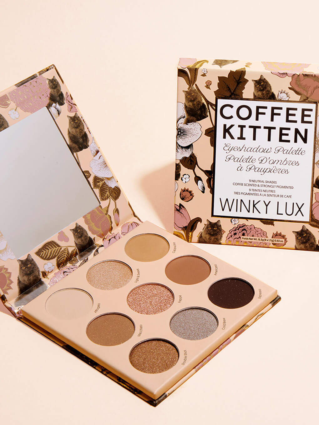 two coffee kitten neutral eyeshadow palettes side by side on beige background