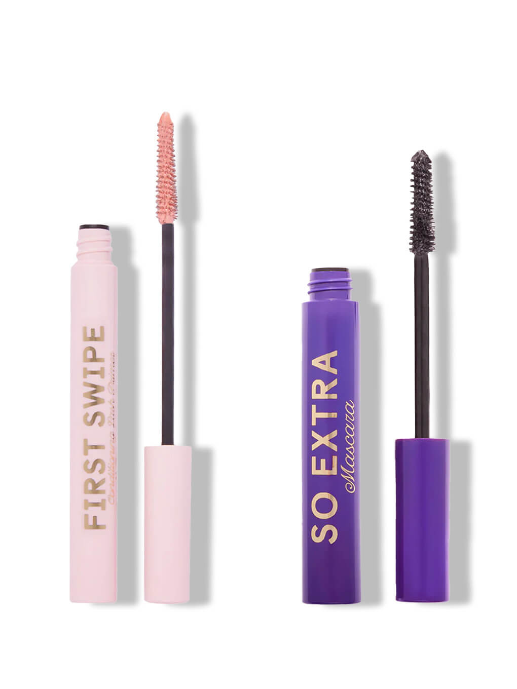 first swipe conditioning lash primer and so extra volumizing mascara on white background