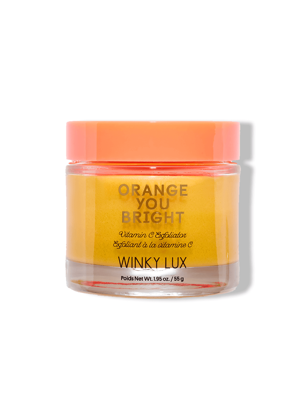 orange you bright vitamin c exfoliator on white background with lid on